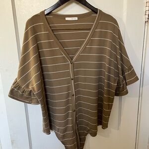 Dear Apple Olive Green Striped Ruffle Sleeve Button Front Top XL